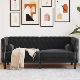  Dvivietė chesterfield sofa su pagalvėlėmis, juoda, aksomas