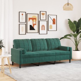  Trivietė sofa su pagalvėlėmis, tamsiai žalia, 180cm, aksomas