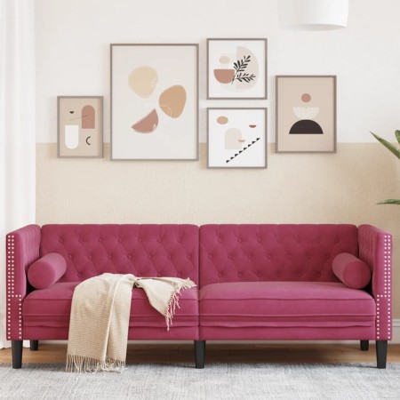  Trivietė chesterfield sofa su pagalvėlėmis, raudona, aksomas